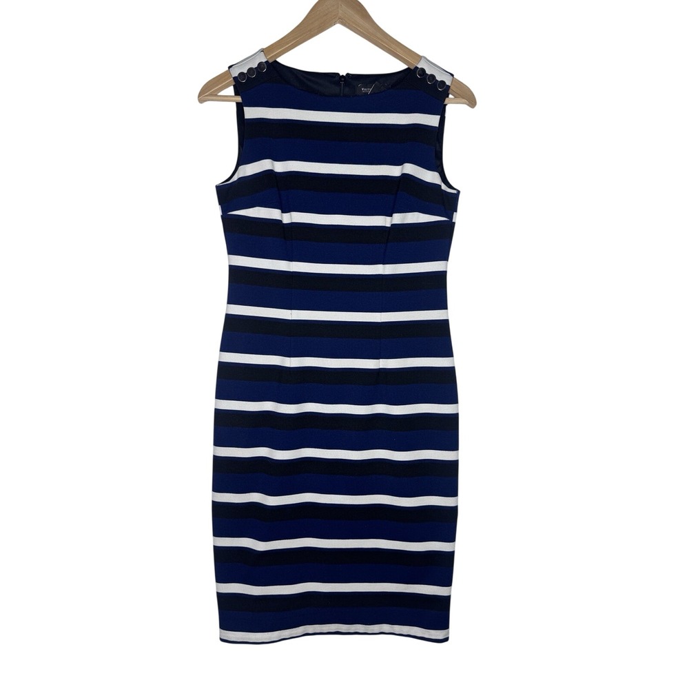 White House Black Market Sz 2 Striped Sheath Dress Sleeveless Navy Black White